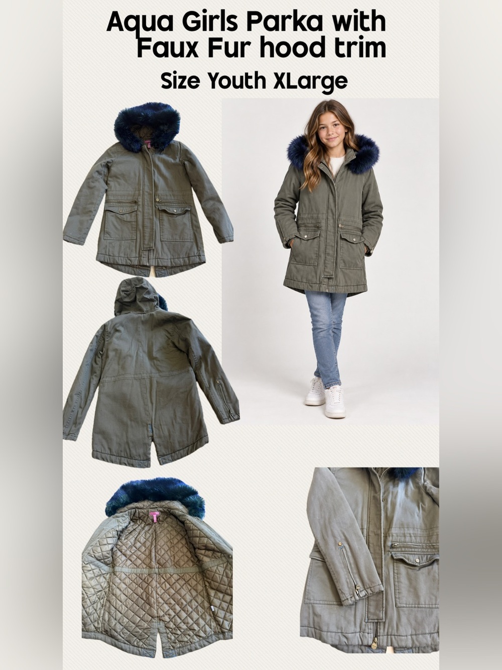 Aqua Girls Olive Green Parka with Navy Faux Fur Hood Trim